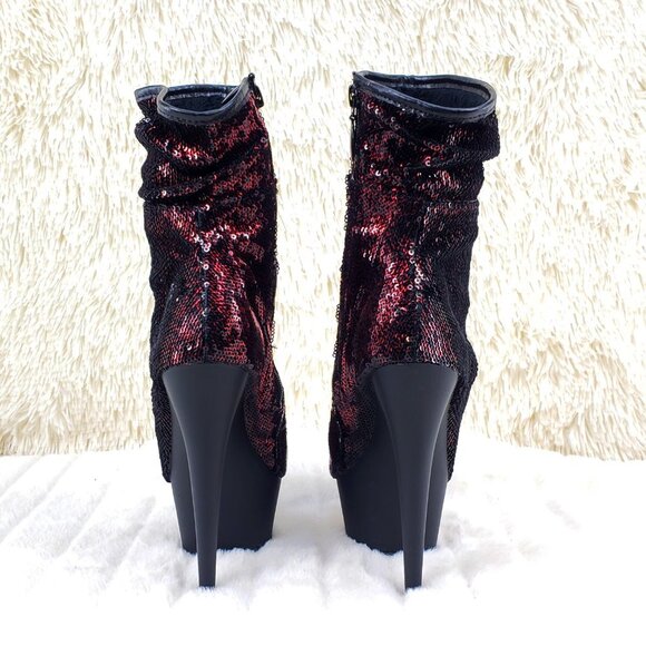 Pleaser Burgundy Sequin Slouch Shaft High Heel Platform Ankle Boots Delight 1008 - Picture 5 of 14